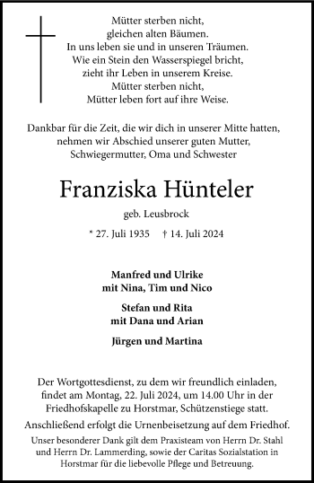 Anzeige von Franziska Hünteler 