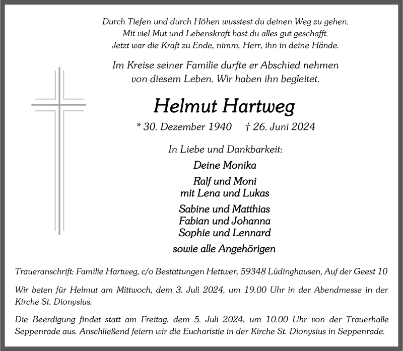  Traueranzeige für Helmut Hartweg vom 02.07.2024 aus 