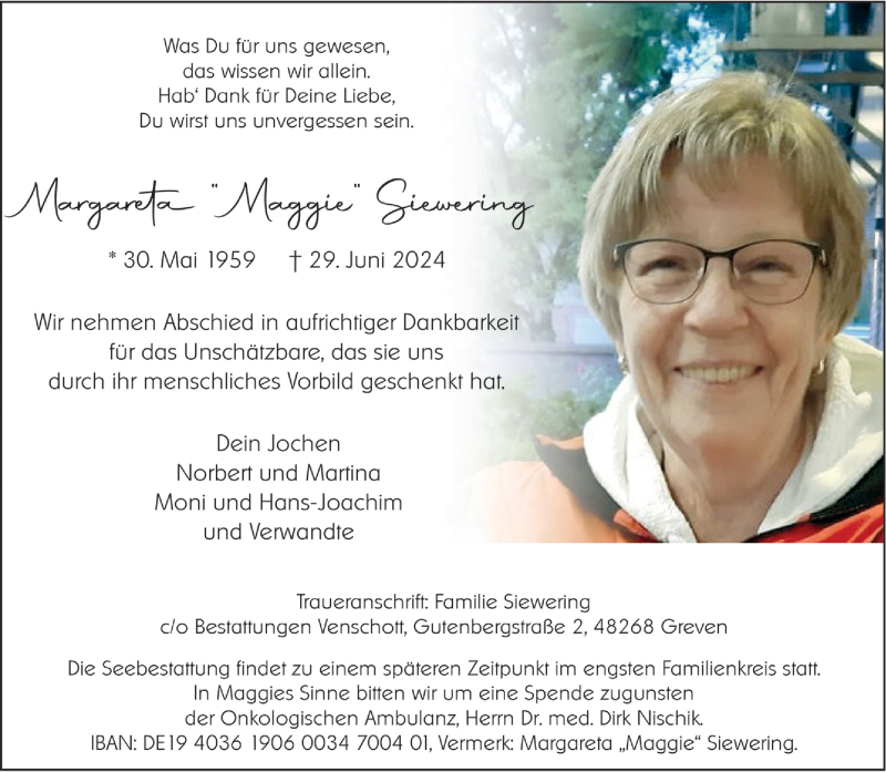  Traueranzeige für Margareta Siewering vom 06.07.2024 aus 