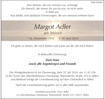 Anzeige von Margot Adler 