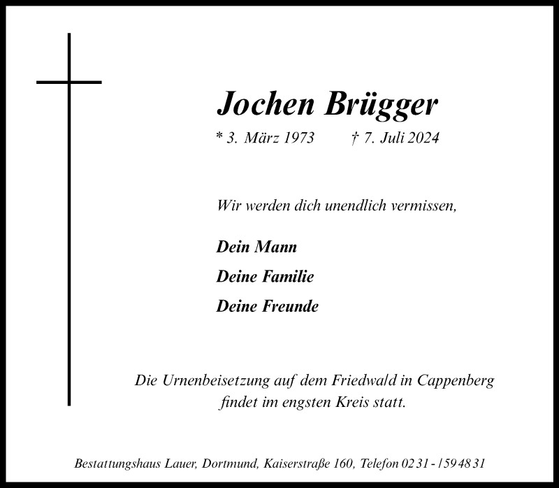  Traueranzeige für Jochen Brügger vom 13.07.2024 aus 