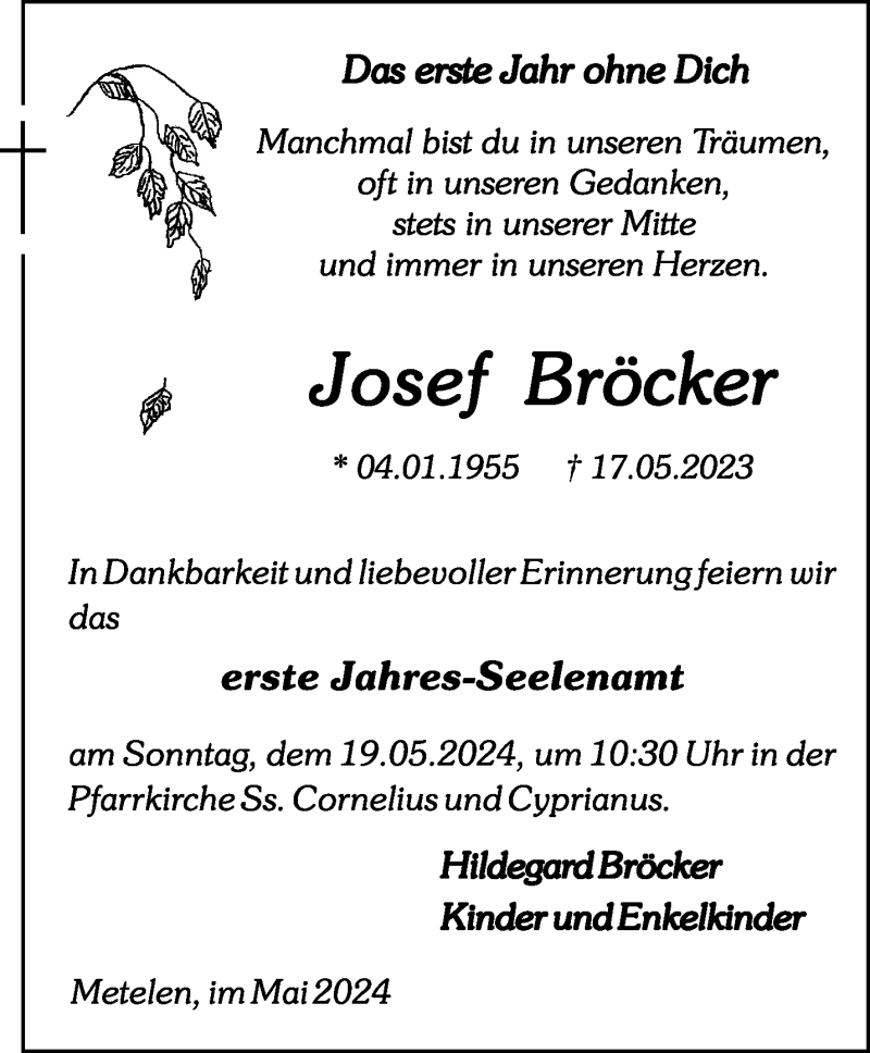  Traueranzeige für Josef Bröcker vom 14.05.2024 aus 