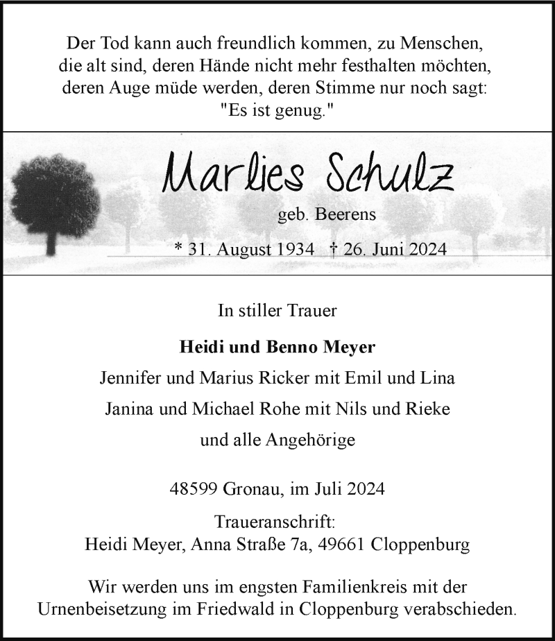  Traueranzeige für Marlies Schulz vom 06.07.2024 aus 