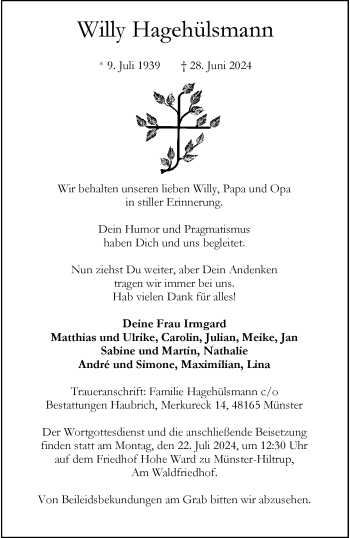 Anzeige von Willy Hagehülsmann 