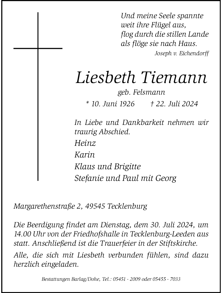  Traueranzeige für Liesbeth Tiemann vom 27.07.2024 aus 