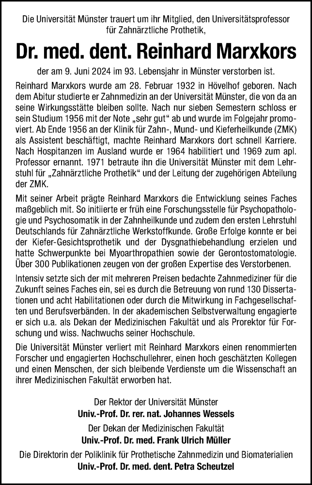  Traueranzeige für Dr. med. dent. Reinhard Marxkors vom 20.07.2024 aus 