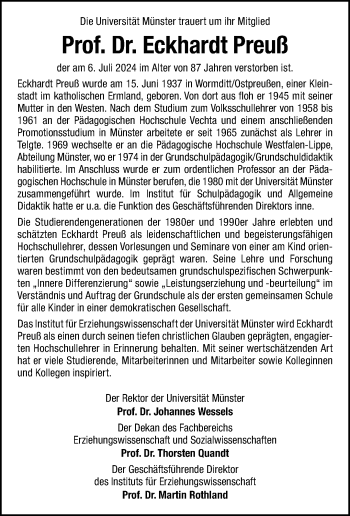 Anzeige von Prof. Dr. Eckhardt Preuß 