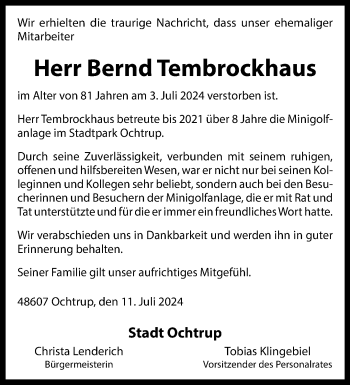 Anzeige von Bernd Tembrockhaus 