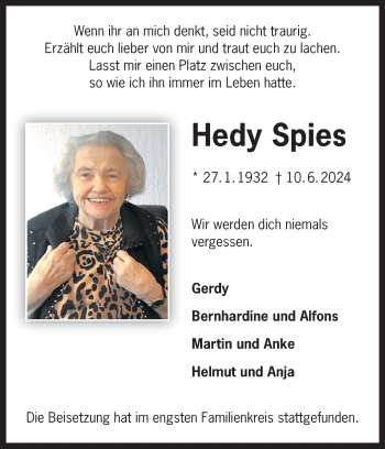 Anzeige von Hedy Spies 