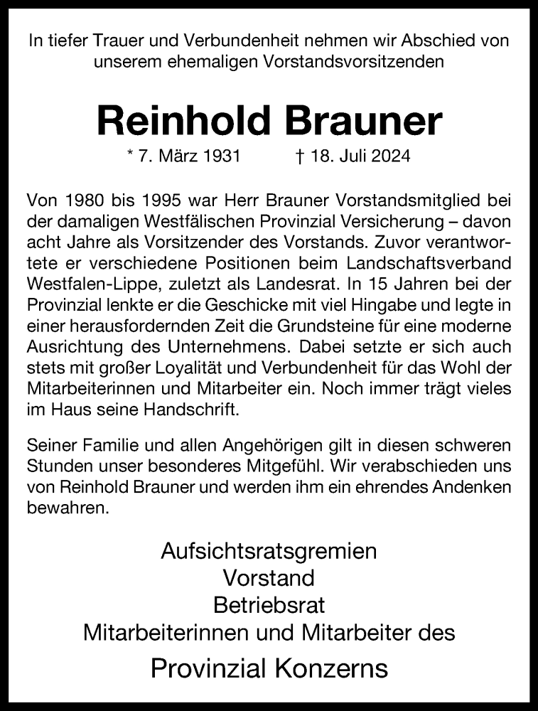  Traueranzeige für Reinhold Brauner vom 24.07.2024 aus 