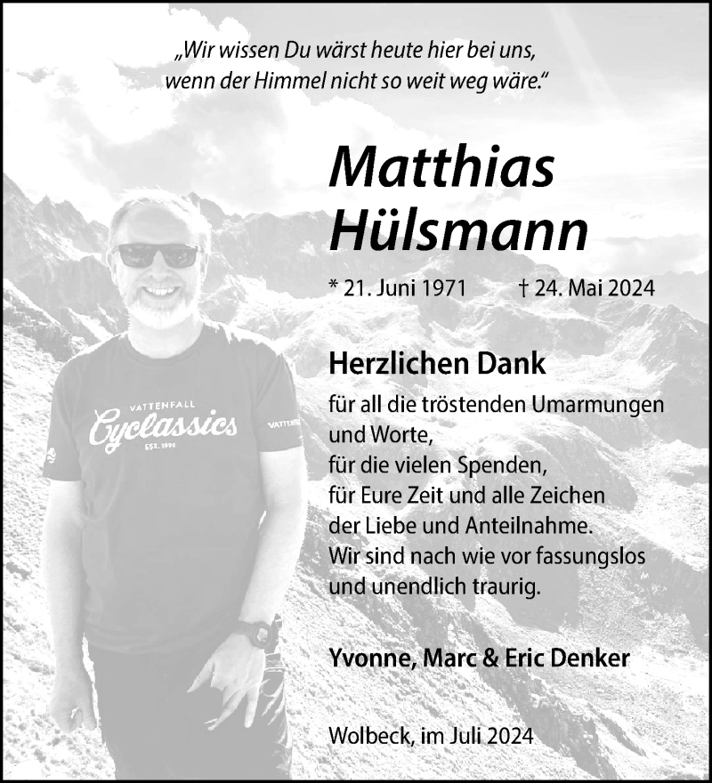  Traueranzeige für Matthias Hülsmann vom 06.07.2024 aus 