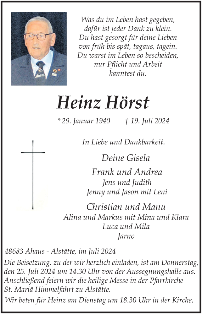  Traueranzeige für Heinz Hörst vom 22.07.2024 aus 