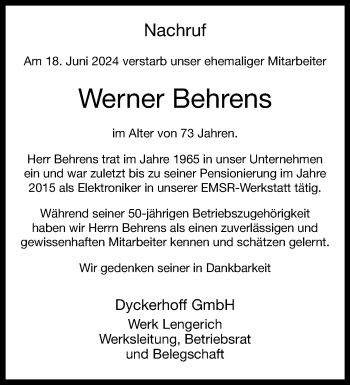 Anzeige von Werner Behrens 