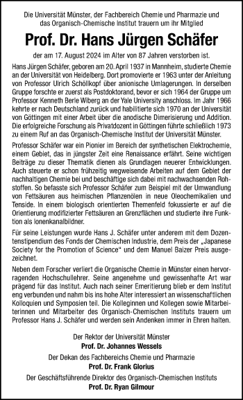 Anzeige von Prof. Dr. Hans Jürgen Schäfer 