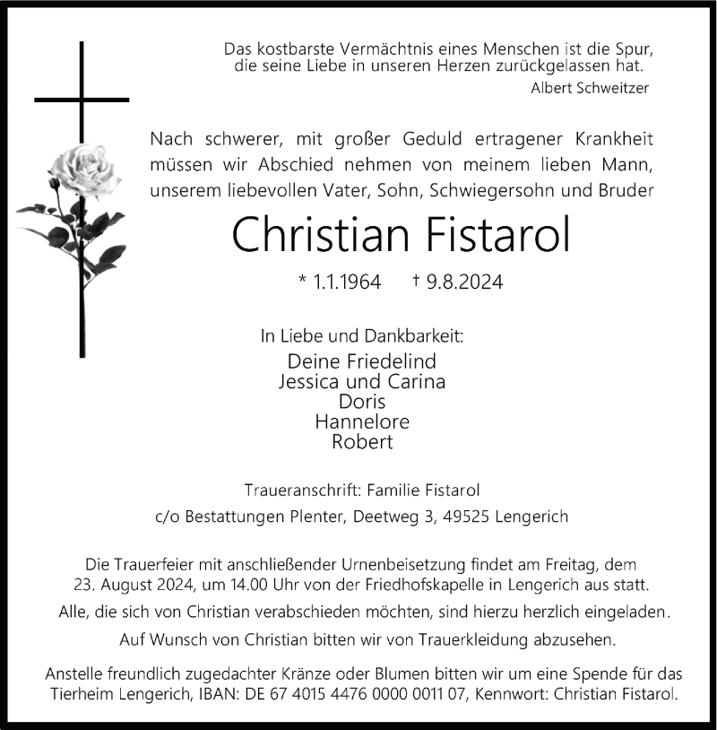  Traueranzeige für Christian Fistarol vom 17.08.2024 aus 