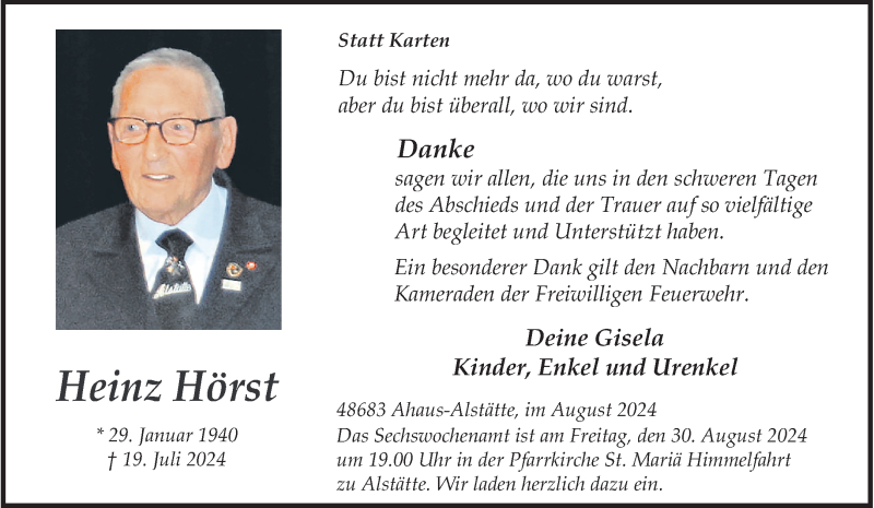  Traueranzeige für Heinz Hörst vom 27.08.2024 aus 