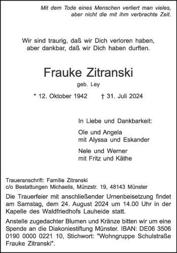 Anzeige von Frauke Zitranski 