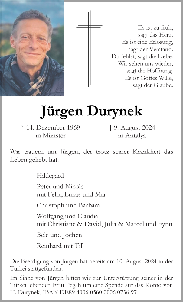  Traueranzeige für Jürgen Durynek vom 17.08.2024 aus 