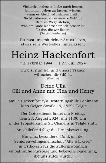 Anzeige von Heinz Hackenfort 