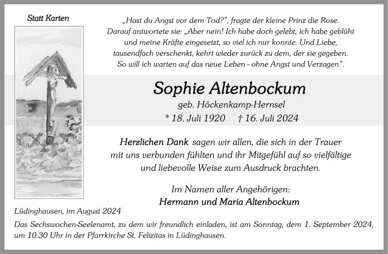  Traueranzeige für Sophie Altenbockum vom 21.08.2024 aus 