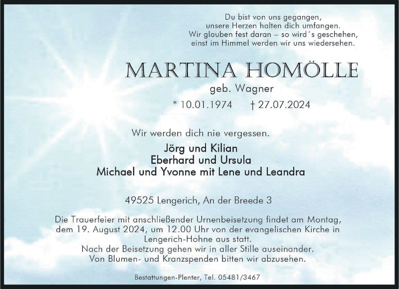  Traueranzeige für Martina Homölle vom 17.08.2024 aus 