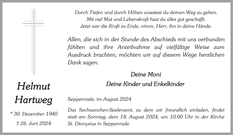  Traueranzeige für Helmut Hartweg vom 13.08.2024 aus 