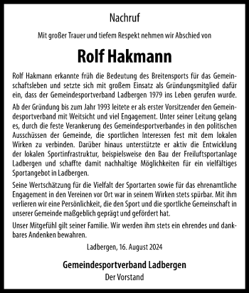 Anzeige von Rolf Hakmann 