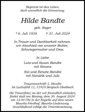 Anzeige von Hilde Bandte 