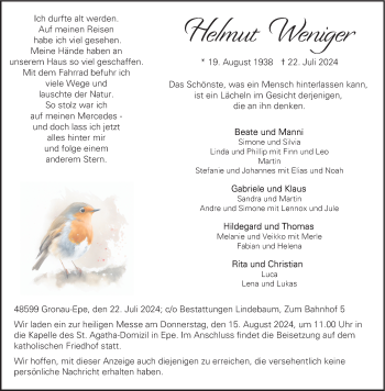 Anzeige von Helmut Weniger 