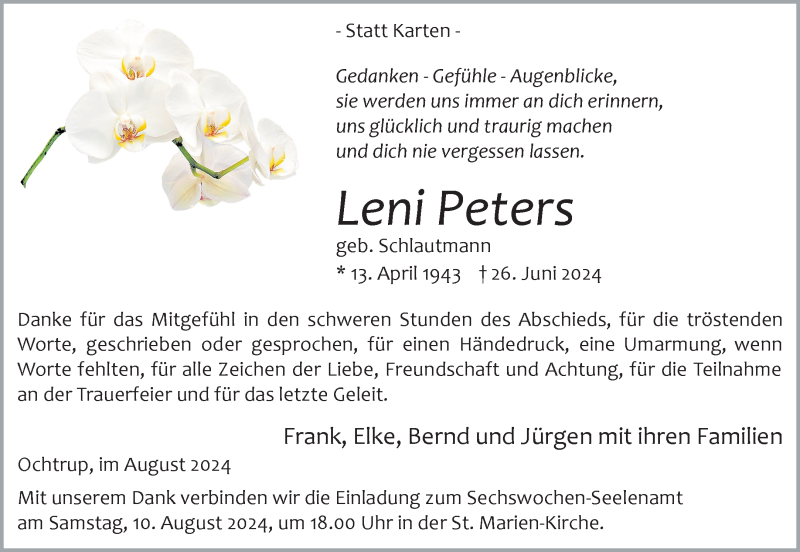  Traueranzeige für Leni Peters vom 07.08.2024 aus 