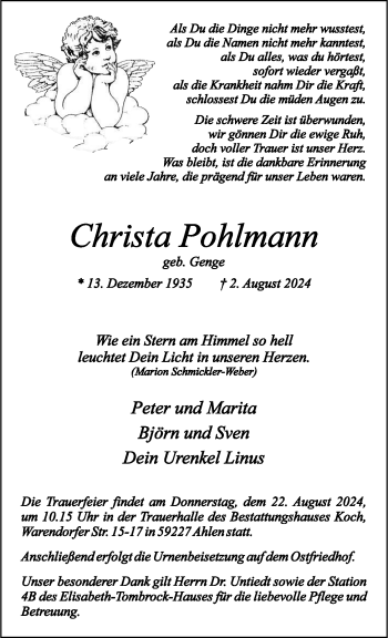 Anzeige von Christa Pohlmann 