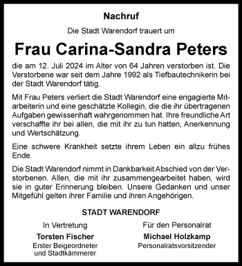Anzeige von Carina-Sandra Peters 