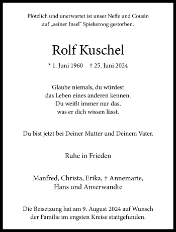 Anzeige von Rolf Kuschel 