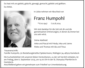 Anzeige von Franz Humpohl 