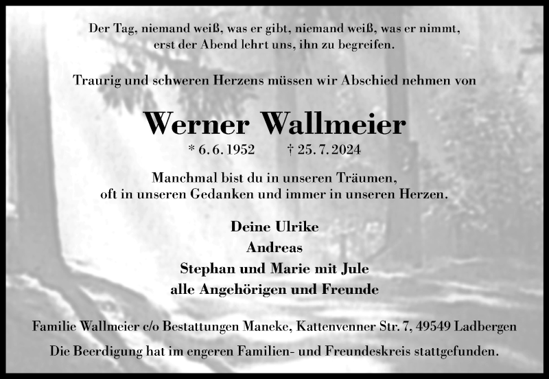  Traueranzeige für Werner Wallmeier vom 03.08.2024 aus 