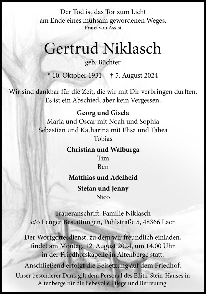  Traueranzeige für Gertrud Niklasch vom 10.08.2024 aus 