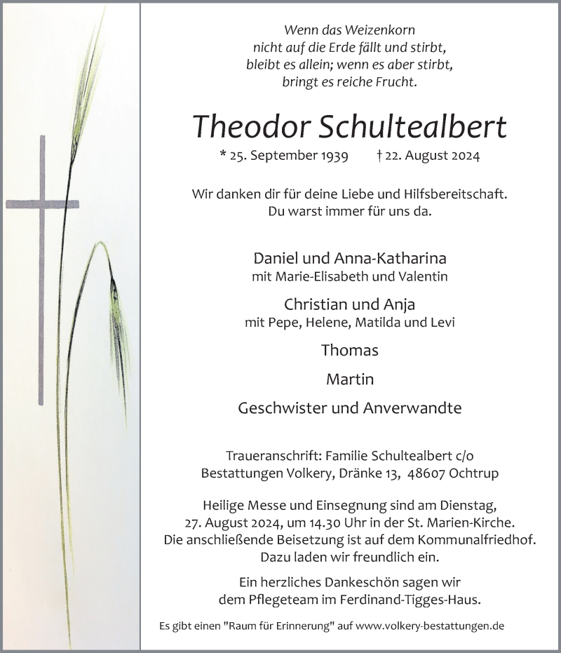  Traueranzeige für Theodor Schultealbert vom 26.08.2024 aus 