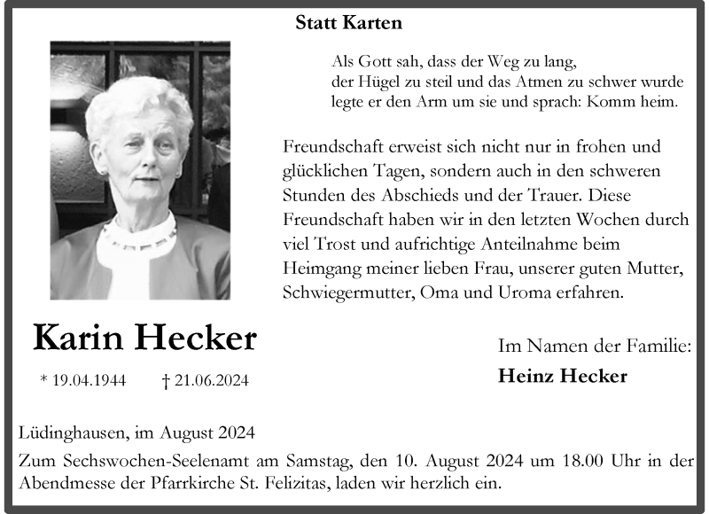  Traueranzeige für Karin Hecker vom 03.08.2024 aus 