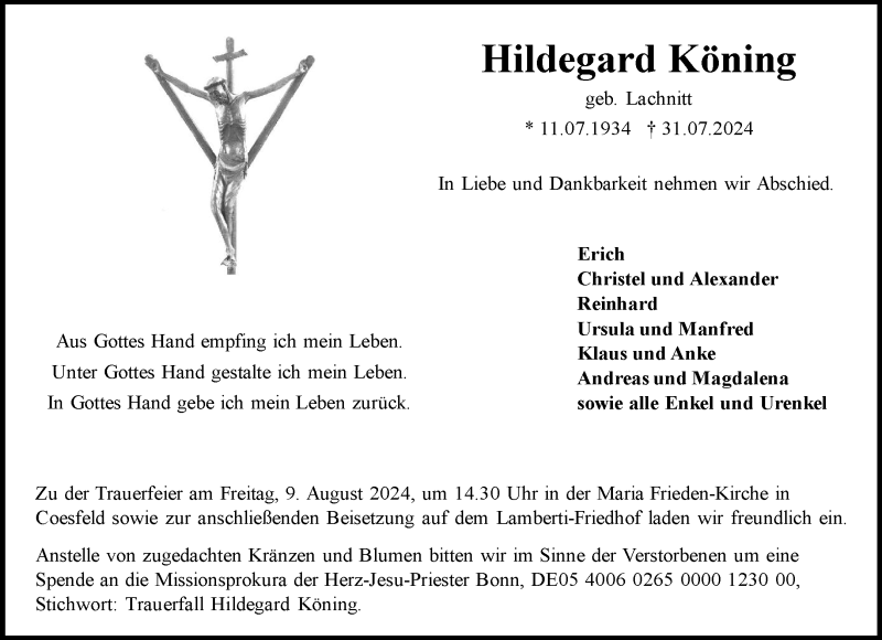  Traueranzeige für Hildegard Köning vom 05.08.2024 aus 