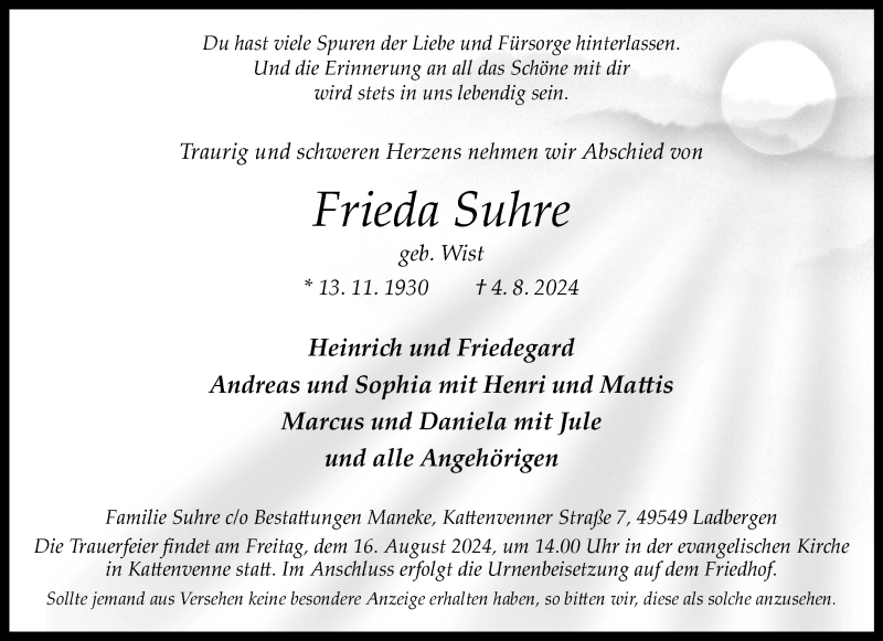  Traueranzeige für Frieda Suhre vom 14.08.2024 aus 