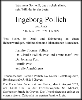 Anzeige von Ingeborg Pollich 