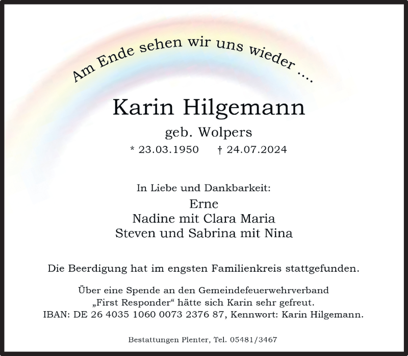  Traueranzeige für Karin Hilgemann vom 03.08.2024 aus 