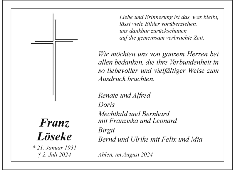  Traueranzeige für Franz Löseke vom 24.08.2024 aus 