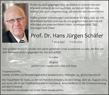 Anzeige von Prof. Dr. Hans Jürgen Schäfer 