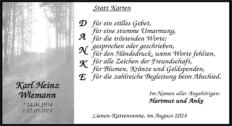  Traueranzeige für Karl Heinz Wiemann vom 17.08.2024 aus 