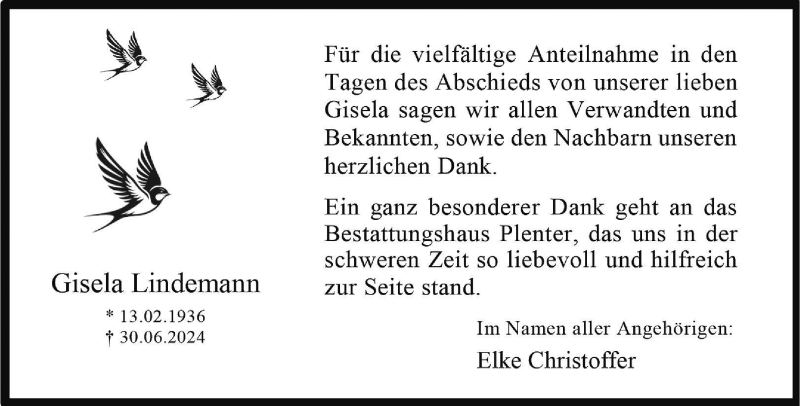  Traueranzeige für Gisela Lindemann vom 03.08.2024 aus 