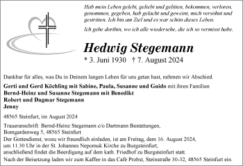 Anzeige von Hedwig Stegemann 