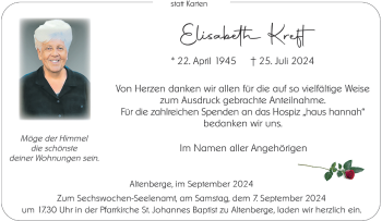 Anzeige von Elisabeth Kreft 