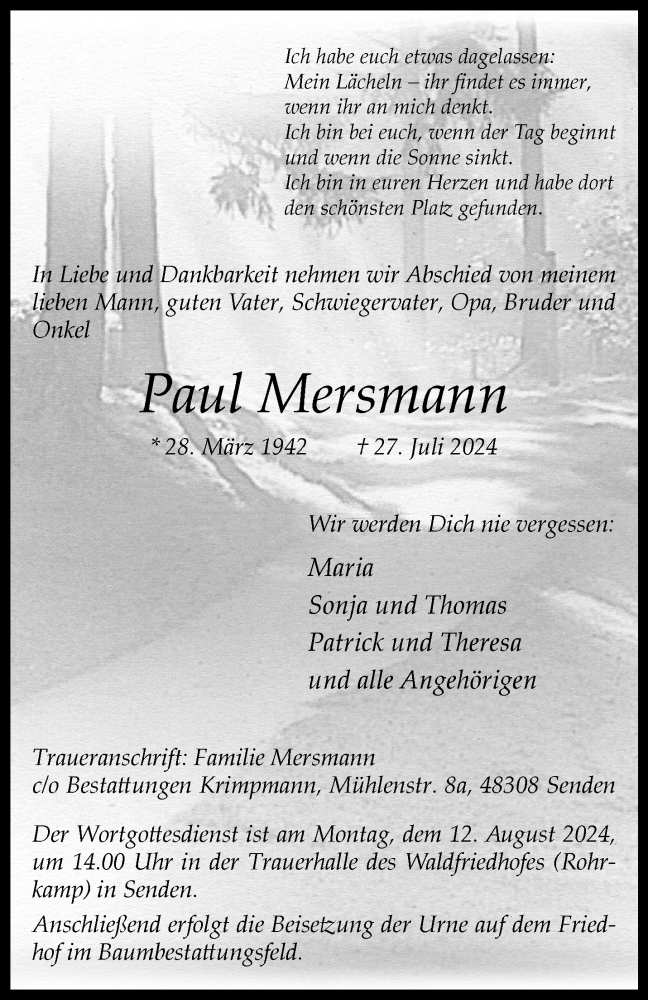  Traueranzeige für Paul Mersmann vom 03.08.2024 aus 
