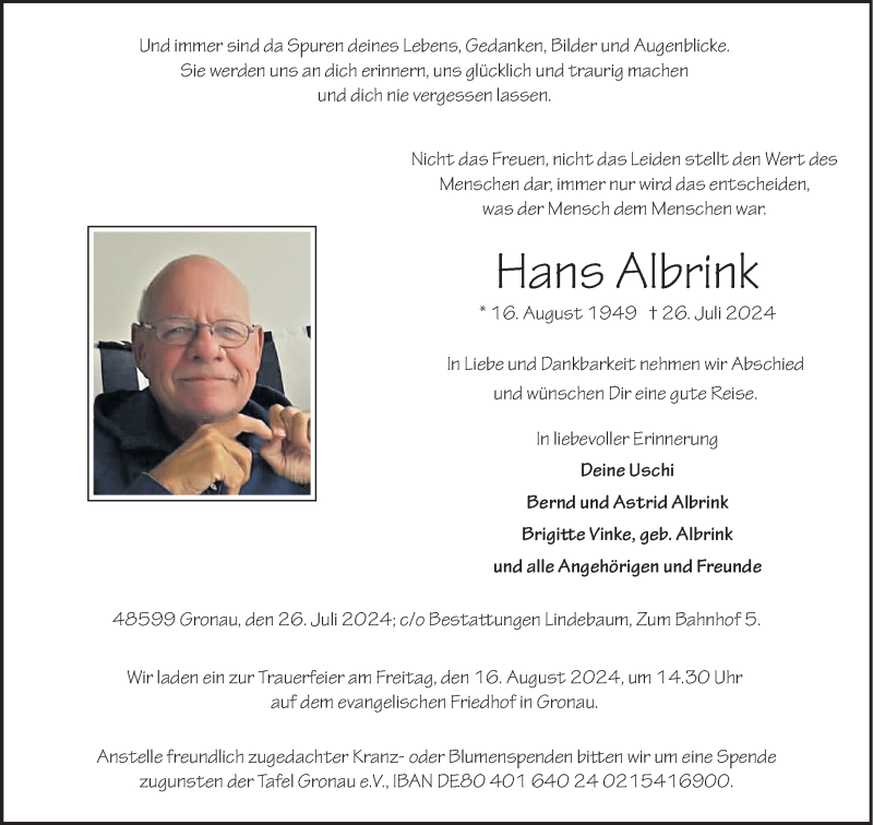 Traueranzeige für Hans Albrink vom 10.08.2024 aus 